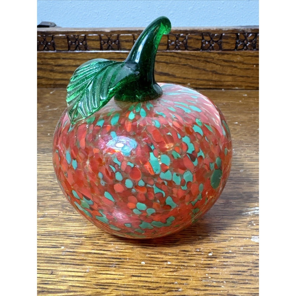 Vintage Murano Style Hand Blown Art Glass Apple Red Green Fruit Decor 4"